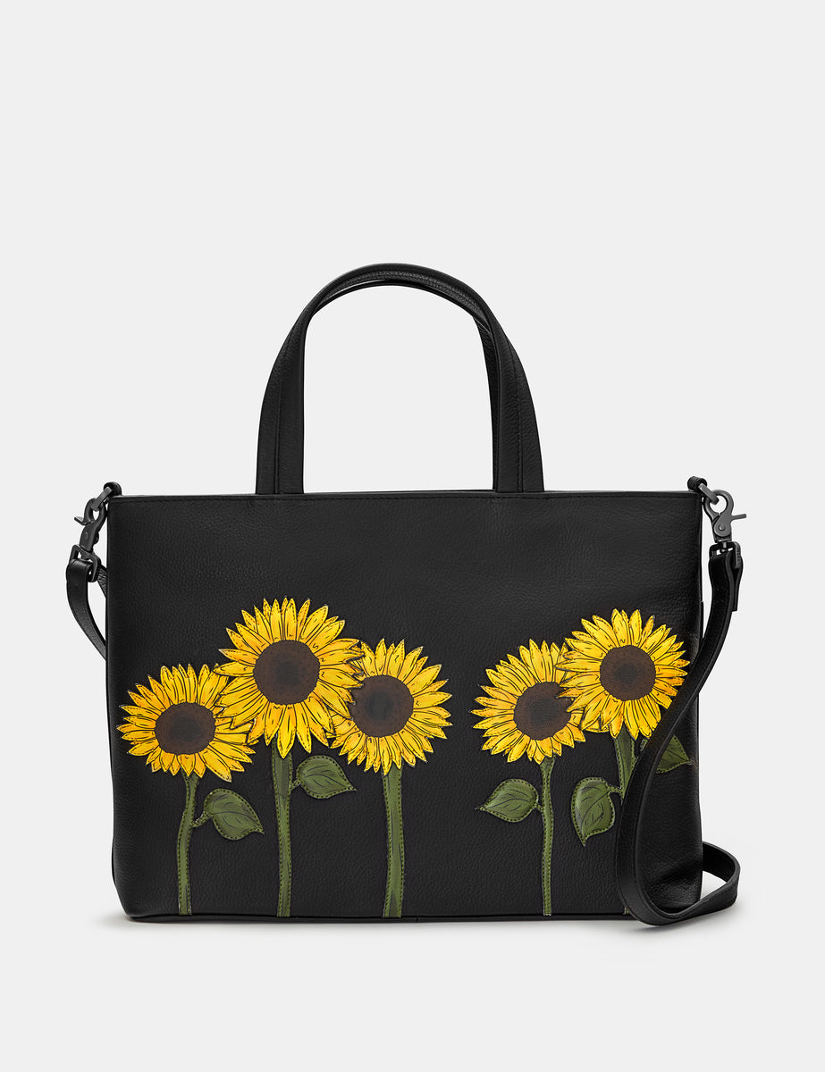 Sunflowers Black Leather Ladies Multiway Grab Bag | Handbag By