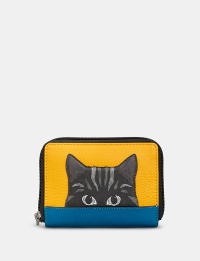 Cat Colour Block Leather Compact Zip Round Purse - Yoshi