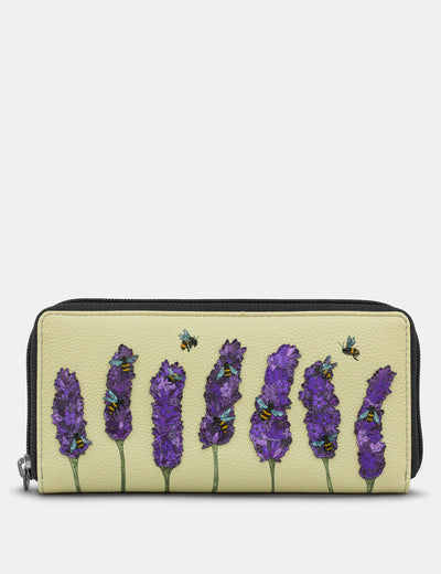 Lavender Bees Black Leather Zip Round Purse - Yoshi