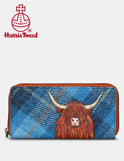 Highland Cow Harris Tweed & Leather Zip Round Purse - Yoshi