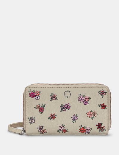 Ditsy Floral Zip Around Leather Purse With Wrist Strap - Yoshi