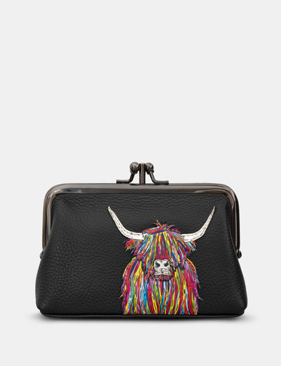 Highland Cow Black Leather Aubrey Frame Purse - Yoshi