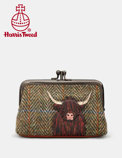 Highland Cow Harris Tweed & Brown Leather Aubrey Frame Purse - Yoshi