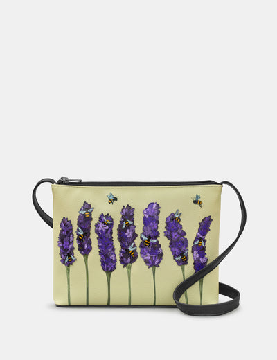 Lavender Bees Black Leather Cross Body Bag - Yoshi