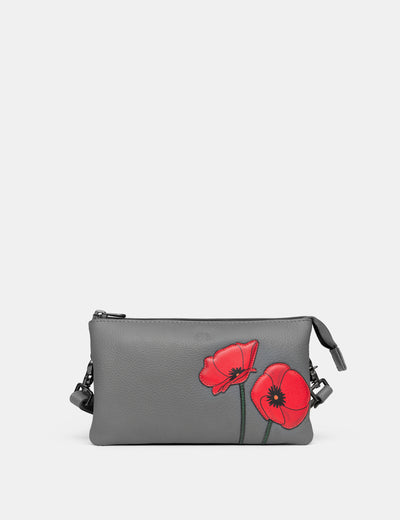 Poppy Flower Grey Leather Multiway Cross Body Bag - Yoshi