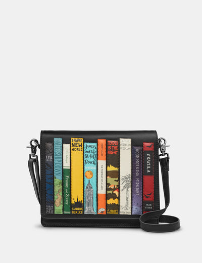 Bookworm Black Leather Flap Over Cross Body Bag - Yoshi