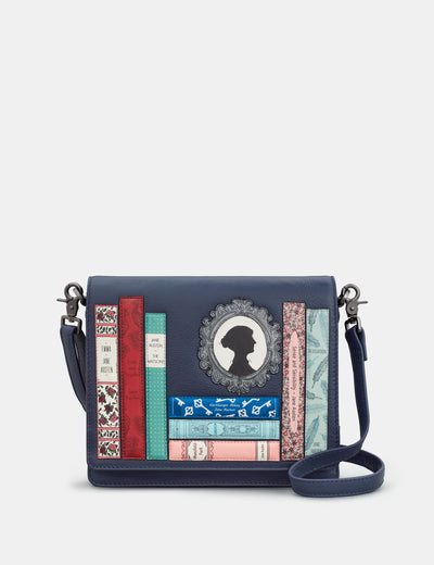 Jane Austen Bookworm Navy Leather Flap Over Cross Body Bag - Yoshi