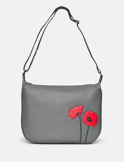 Poppy Flower Grey Leather Hobo Bag - Yoshi