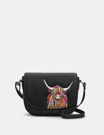 Highland Cow Black Leather Flap Over Cross Body Bag - Yoshi