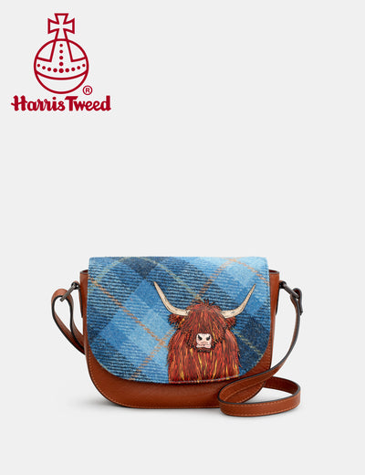 Highland Cow Harris Tweed & Leather Flap Over Cross Body Bag - Yoshi