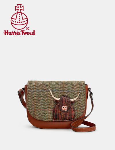 Highland Cow Harris Tweed & Brown Leather Flap Over Cross Body Bag - Yoshi