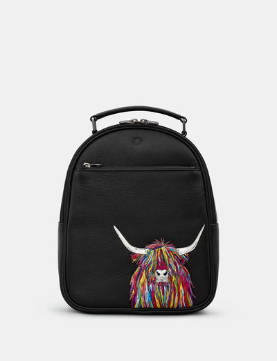 Highland Cow Black Leather Backpack - Yoshi