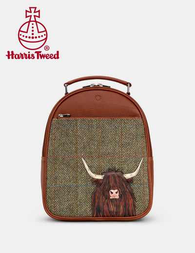 Highland Cow Harris Tweed & Brown Leather Backpack - Yoshi