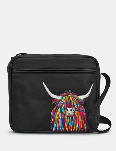 Highland Cow Black Leather Messenger Bag - Yoshi