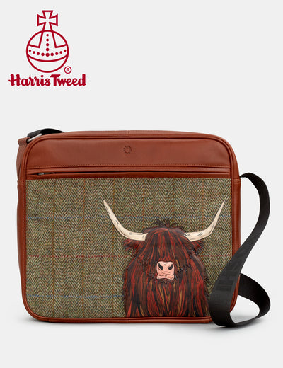 Highland Cow Harris Tweed & Brown Leather Messenger Bag - Yoshi