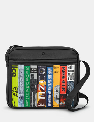 Sci-Fi Bookworm Black Leather Messenger Bag - Yoshi