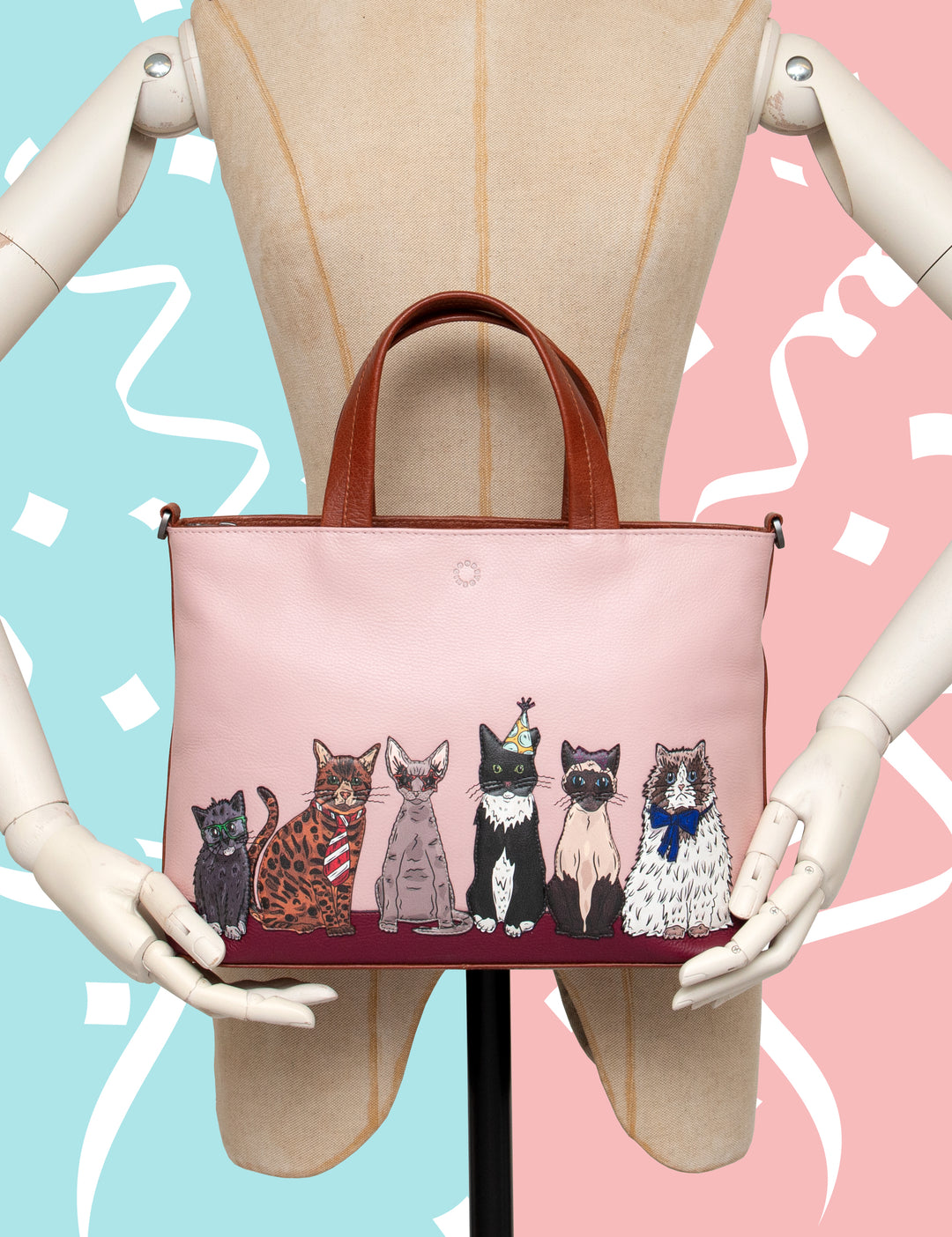 Party Cats Brown Pink Leather Grab Bag Handbag By Yoshi