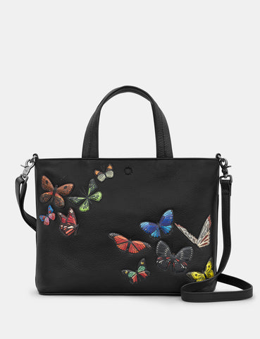 Amongst Butterflies Black Leather Grab Bag Handbag By Yoshi