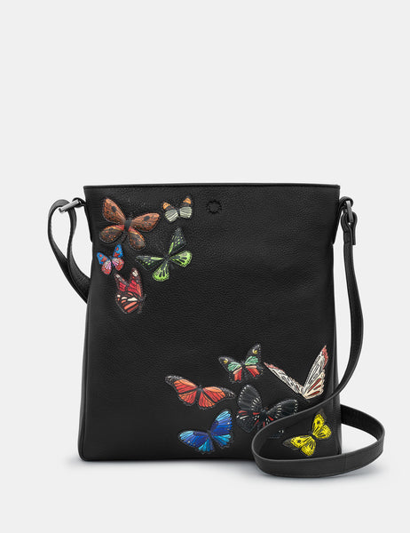 Amongst Butterflies Black Leather Cross Body Bag Handbag By Yoshi